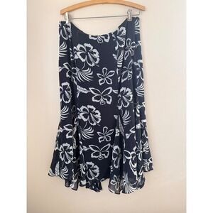 Chaps Black White Floral Print‎ Midi Skirt Women Size 12 Flounce Hem Resort Boho